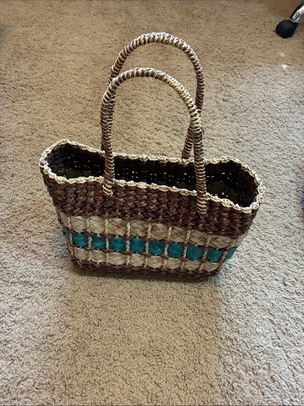 Woven Straw Tote Bag with Teal Accent - Women Bags